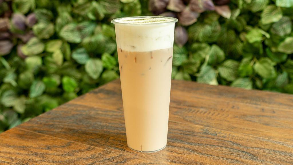 Cheese Milk Black Tea · Classic silky milk tea served with sweet & salty cheese foam (No tapioca in this item, add topping if you like) .