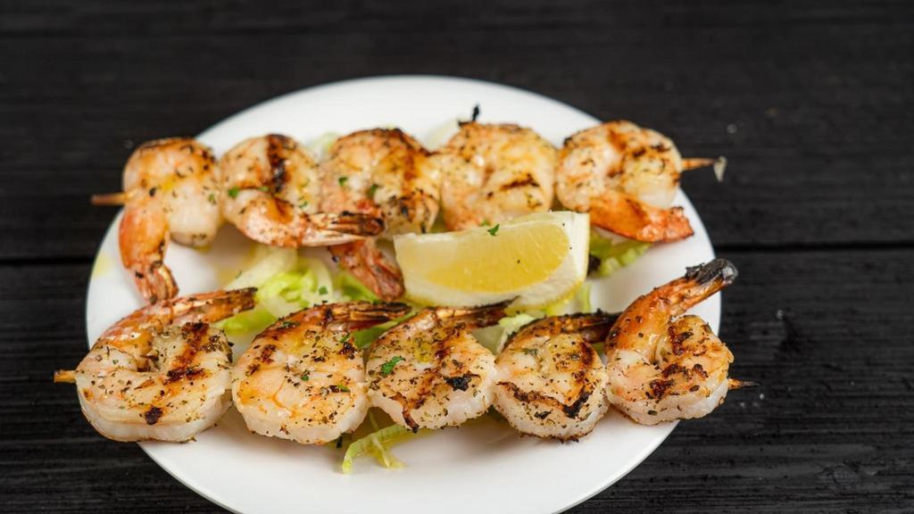 Charbroiled Shrimp · 2 skewers seasoned with salt, pepper, EVOO and Greek oregano