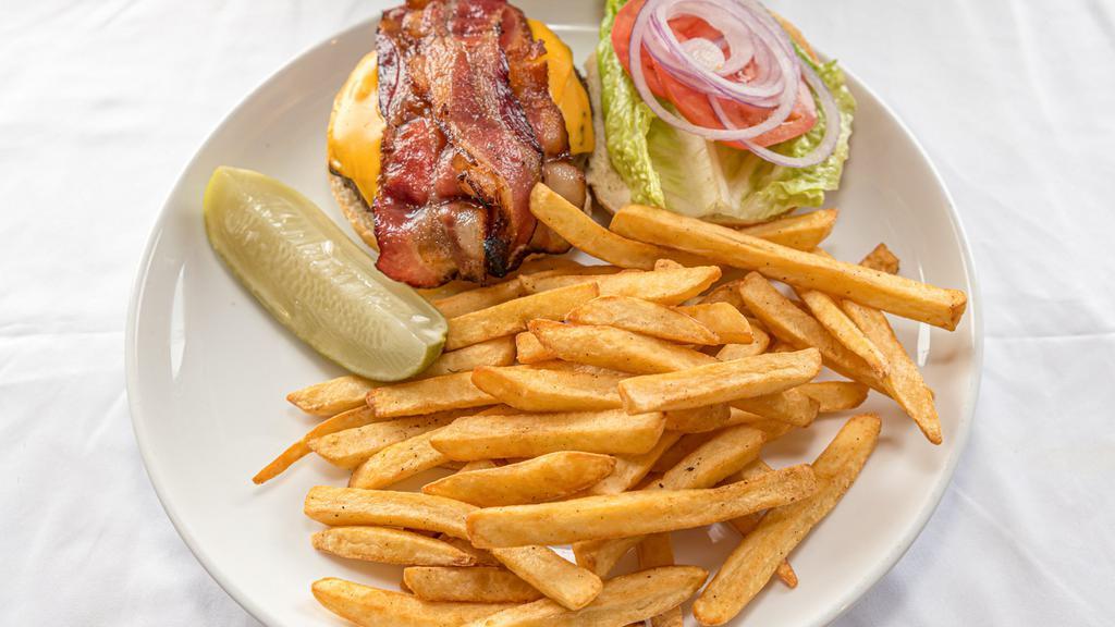 Bacon Cheese Burger Platter · Same as our Classic Cheese Burger w/Crisp Bacon. Bacon Blue Cheese Burger  Platter Adding Crisp Bacon and Blue Cheese to our 6 oz. Sirloin Burger