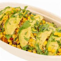 Aztec Garden Bowl · Bowl with Roasted Vegetables, Brown Rice, Black Beans, Shredded Cheese, Sliced Avocado, Chop...