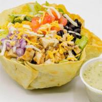San Juan Salad · SALAD served in a Crispy Taco Bowl. Start with Fresh Cut Romaine Lettuce, Grilled Chicken, B...