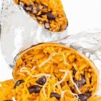 Rice, Bean & Cheese Burrito · BURRITO – mexican rice or brown rice, black beans and cheese
