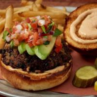 Black Bean Burger · Made with Grilled Vegetables, Fresh Herbs, Spices, Topped with Pico De Gallo, Chipotle Sauce...