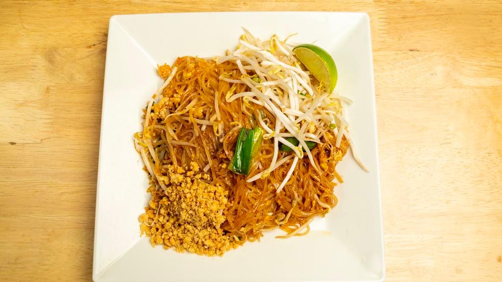 Pad Thai · Rice noodles stir-fried with egg, scallion, bean sprout, and crushed peanuts.