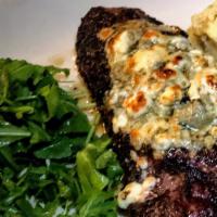 Coffee-Crusted New York Strip · Gluten-free. Blue Affinee Cheese, Bourbon Caramel, Yukon Gold Mashed Potatoes 
(Substitute O...