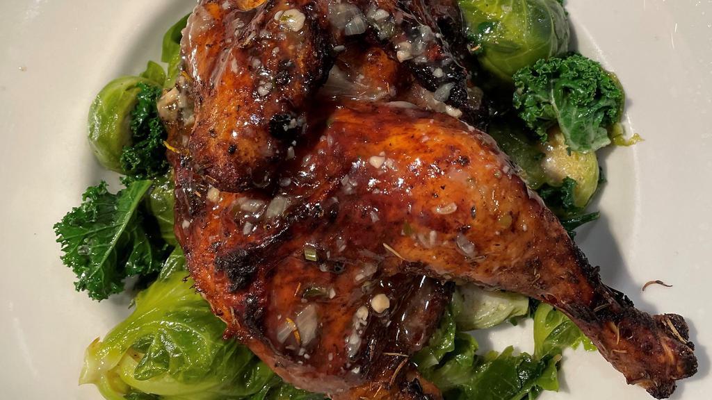Slow-Roasted Half Chicken · Herb-Crusted, Herb Jus, Mashed Potatoes & Brussels Sprouts.
(Substitute Two Sides).