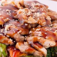 Teriyaki Chicken · Grilled chicken over steamed vegetables topped with house teriyaki sauce. Served with your c...