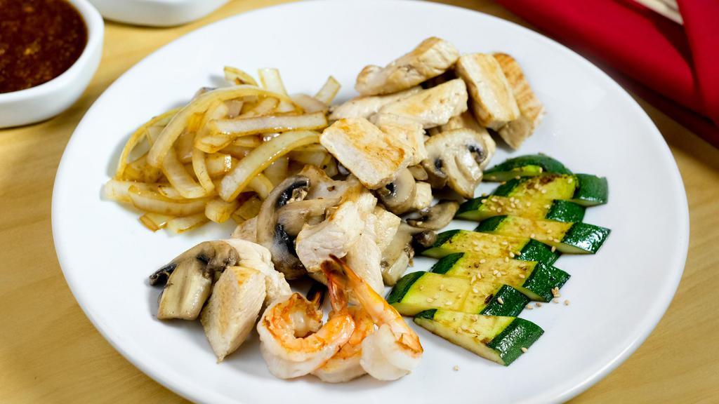 Hibachi Chicken · Chicken breast and mushrooms grilled with butter and sesame seeds. 280 cal.