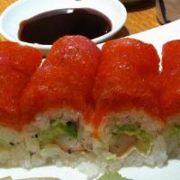 Red Dragon Roll · Shrimp, tempura string bean inside; top: spicy tuna.