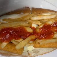 Fat Cat · Cheesesteak with two mozzarella sticks, French fries and marinara sauce.