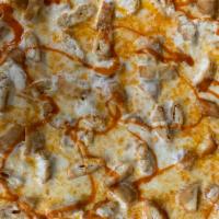 Buffalo Chicken Pizza · Breaded chicken cutlet with blue cheese, hot sauce and mozzarella cheese.