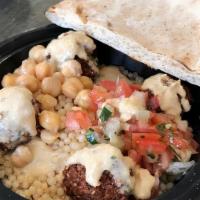 Traditional Falafel (1) · Our famous chick pea falafel over your choice of grain with traditional hummus, tahini, isra...