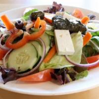 Greek Salad · Mixed greens, tomatoes, onions, peppers, kalamata olives, feta cheese, anchovies, cucumbers,...