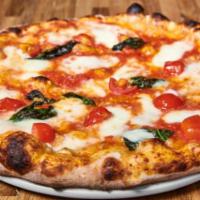 Vesuvio Pizza · Fiammante San Marzano DOP tomato sauce, Fior di Latte cherry tomatoes, Pecorino Romano, EVOO