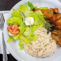 Fry Chicken · Fry chicken served with white rice or rice peas, steamed vegetables and plantains