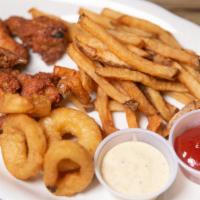 Harlem Combo · chicken wings, hand-cut fries, onion rings & honey mustard sauce.