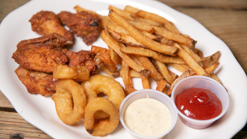 Harlem Combo · chicken wings, hand-cut fries, onion rings & honey mustard sauce.
