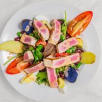 Salad Nicoise · Seared tuna, black olives, green beans, hard boiled egg, mixed peppers, fingerling potato, t...