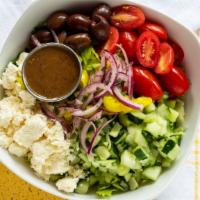Greek Salad · Romaine lettuce, feta, calamata olives, banana peppers, red onion, cucumber grape tomatoes w...