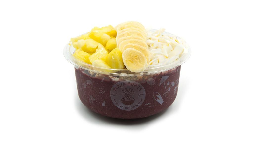 Tropical- Acai Bowl* · Pure acai topped with granola, banana, pineapple, coconut flakes, and honey. Acai bowl blended with pure acai.