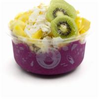 Electric Mermaid Pitaya Bowl · Pitaya blend topped with granola, kiwi, pineapple, mango, coconut flakes, and honey. Pitaya ...