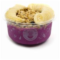 Pink Power- Pitaya Bowl* · PItaya blend mixed with vanilla whey protein  topped with blueberry flax granola, banana, an...