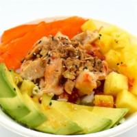 Chicken Teriyaki · Brown rice, teriyaki marinated chicken, onion, scallion, carrots, pineapple, avocado, edamam...