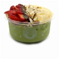 Pacific Green Bowl · Kale blend topped with granola, strawberry, banana, shaved almonds, chia seeds, and honey. G...