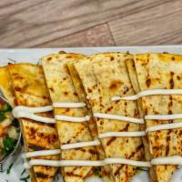 Quesadilla · Cheese quesadilla with your protein option served with rice and beans pico and sour cream