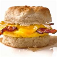 Bacon, Egg & Cheese Biscuit · 2 Slices of Thick Cut Bacon, Fresh Egg Made Patty, and American Cheese on a Fresh Baked Bisc...