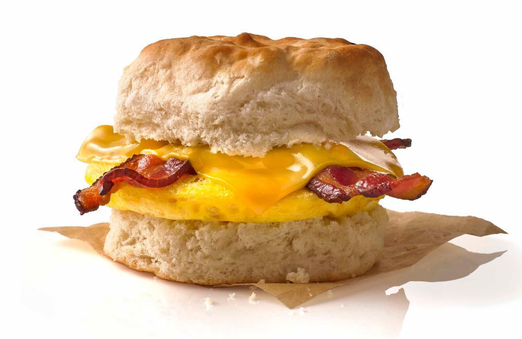 Bacon, Egg & Cheese Biscuit · 2 Slices of Thick Cut Bacon, Fresh Egg Made Patty, and American Cheese on a Fresh Baked Biscuit.