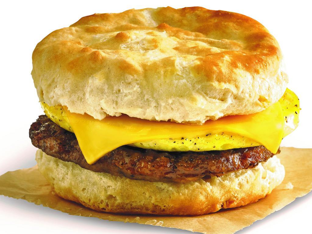 Sausage, Egg & Cheese Biscuit · Sausage Patty, Fresh Made Egg Patty, and American Cheese on a Fresh Baked Biscuit.