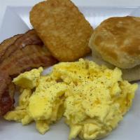 Breakfast Platter · Breakfast platter with egg, choice of meat (chicken tender, sausage, or bacon) and choice of...