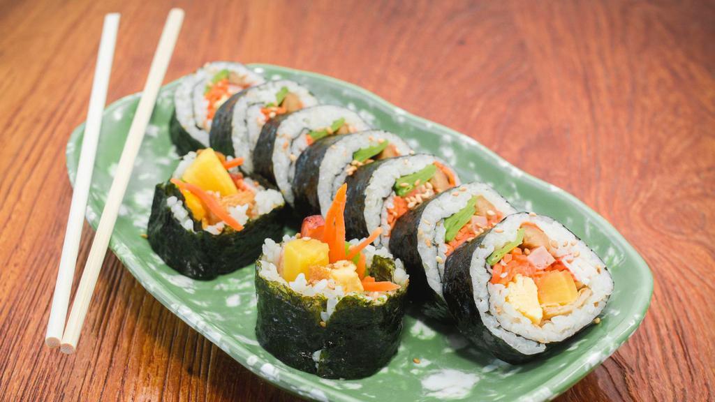 Vegetable Ham Kimbap / 원조 김밥 · Made with cooked rice and vegetable and cheese.