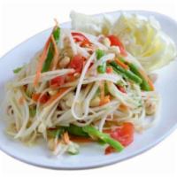 Green Papaya Salad 木瓜沙拉 · Spicy. Green papaya, fresh chili, roasted peanuts with lime dressing.