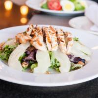 Poached Pear And Chicken Salad · Gluten-free. Mixed greens, caramelized onions, walnuts, dried cranberries and lemon vinaigre...