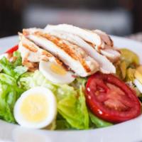 California Salad · Gluten-free. Grilled chicken, bacon, boiled eggs, romaine, tomatoes, gorgonzola and house dr...