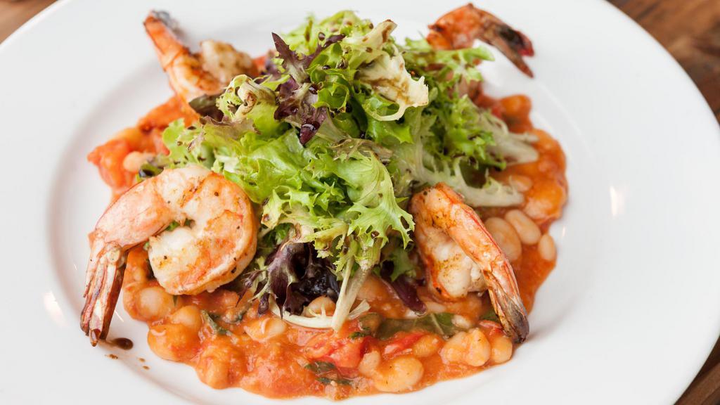 Tuscan Shrimp Salad · Grilled shrimp, white beans, chopped tomatoes, roasted garlic and mixed greens with our lemon vinaigrette and balsamic drizzle.