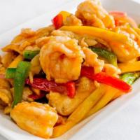 Mango Chicken With Jumbo Shrimp · Sliced chicken breast stir fried with diced mango, peppers, red onion, and jumbo shrimp.