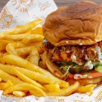 Spicy Fried Chicken Burger + Fries · Spicy fried chicken, tomato, lettuce, pickles, spicy mayo and fries