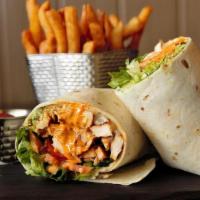Chipotle Chicken Wrap (-) · Grilled chicken, Romaine, tomatoes, Provolone, chipotle mayo and side of fries.