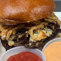 Short Rib Burger · 1/2 lb burger topped with braised boneless short ribs, cabernet gravy, crumbled blue cheese,...