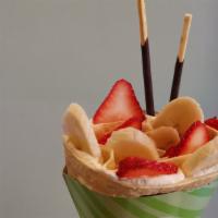 Strawberry Banana Crepe · Strawberry, banana, whipped cream, choco sauce, pocky stick, almond.