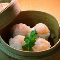 Jumbo Ebi Shumai · Steamed round shrimp dumplings.