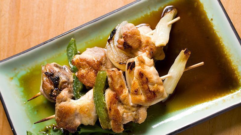 Yakitori · Skewers of chicken and vegetables with teriyaki sauce.