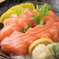 Salmon Don · Sliced 10 pcs Salmon Over Vinegared Rice with miso soup