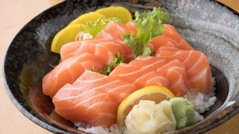 Salmon Don · Sliced 10 pcs Salmon Over Vinegared Rice with miso soup