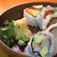 Ariyoshi Roll · Five pieces of crab stick, yellowtail, avocado, and smelt roe.