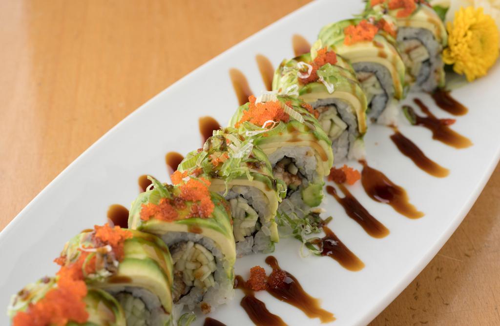 Dragon Roll · Eight pieces of eel and cucumber roll covered with sliced avocado.