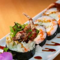 Spider Roll · Five pieces. Deep fried soft shell crab, cucumber, and masago.